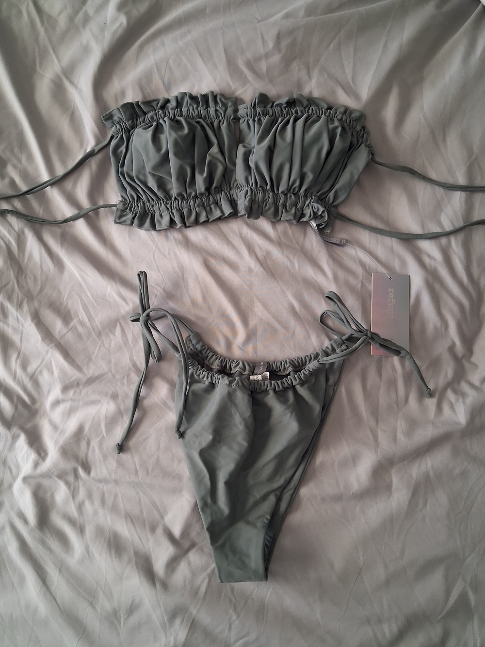 Sage Green Ruched Bikini Set with Tie Straps